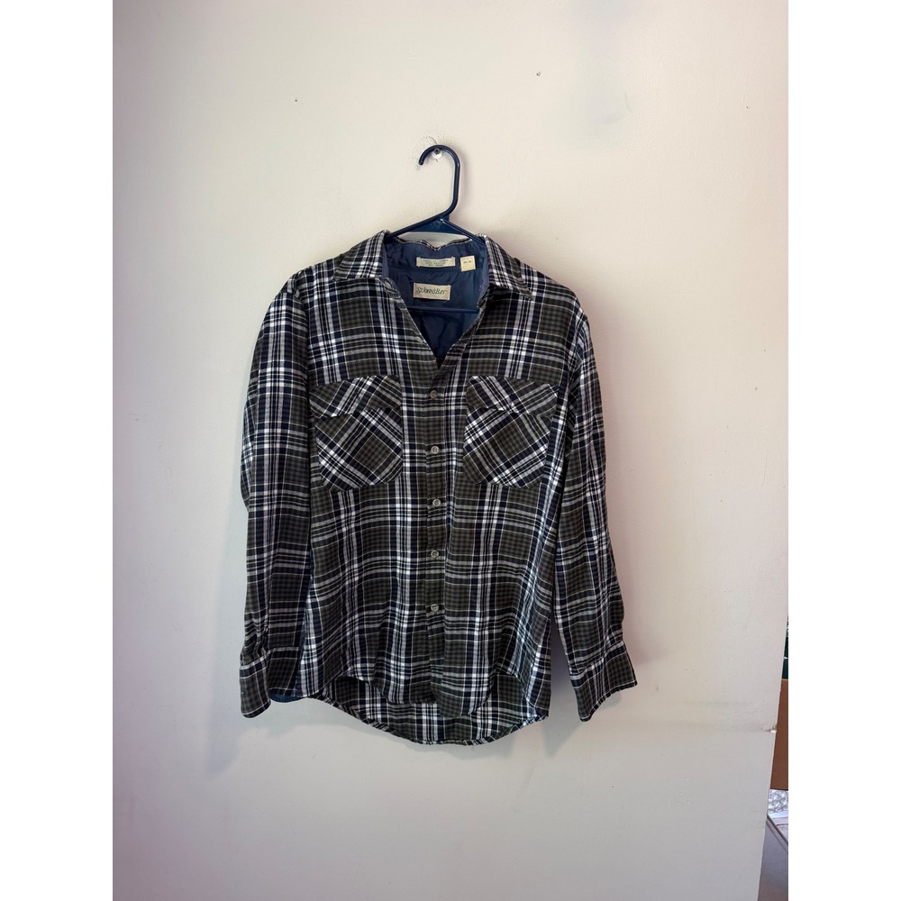 Vintage St. Johns Bay Mens Plaid Flannel Shirt Olive Navy Blue Medium Korea